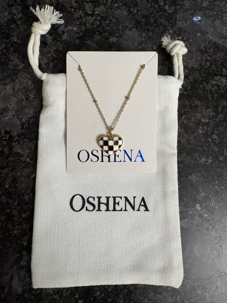 Oshena Gold Plated Checkered Heart Pendant Necklace - Black & White Accent